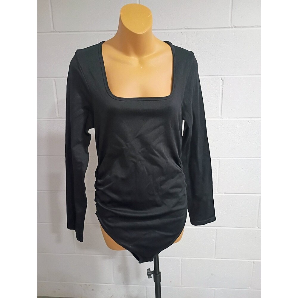 OQQ Women's XL Black Ribbed Square Neck Long Sleeve Ruched Bodysuit